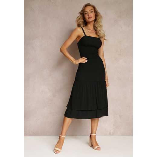 Czarna Marszczona Sukienka Midi z Kwadratowym Dekoltem z Wiskozy Lueta ze sklepu Renee odzież w kategorii Sukienki - zdjęcie 159196835