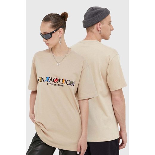 T-shirt męski On Vacation z napisami beżowy z krótkim rękawem 