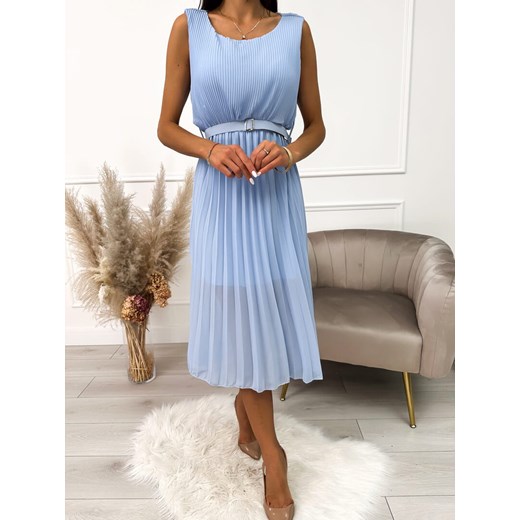 Błękitna Plisowana Sukienka z Paskiem Modnakiecka.pl 46 ModnaKiecka.pl