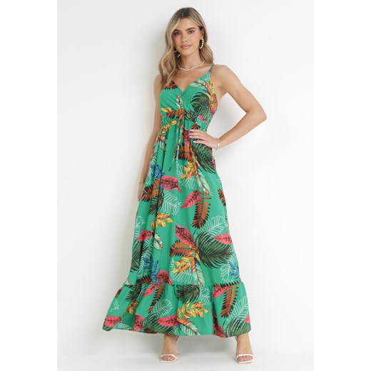 Zielona Sukienka Maxi w Roślinny Wzór z Gumką w Pasie Karsina ze sklepu Born2be Odzież w kategorii Sukienki - zdjęcie 159218625