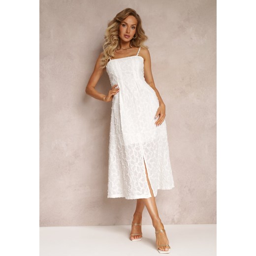 Biała Sukienka z Delikatną Fakturą i Rozcięciem na Dole Kendia ze sklepu Renee odzież w kategorii Sukienki - zdjęcie 159218817