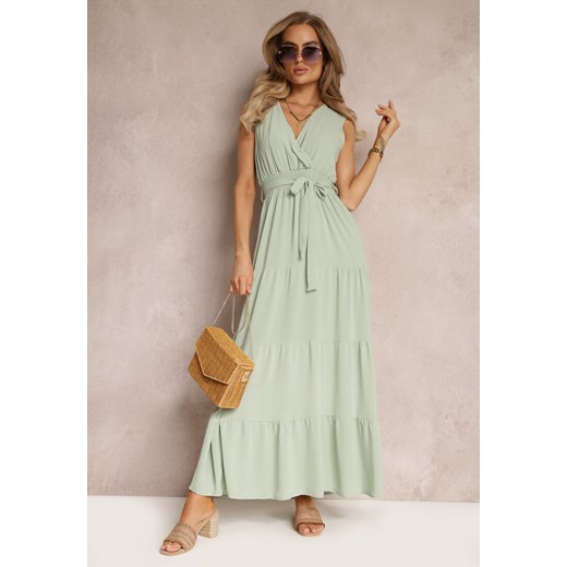 Zielona Kopertowa Sukienka Maxi z Gumką w Talii i Materiałowym Paskiem Leansa ze sklepu Renee odzież w kategorii Sukienki - zdjęcie 159226266