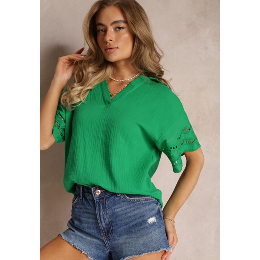 Zielona Bluzka z Ażurowymi Wstawkami na Rękawach Atrina ze sklepu Renee odzież w kategorii Bluzki damskie - zdjęcie 159226376