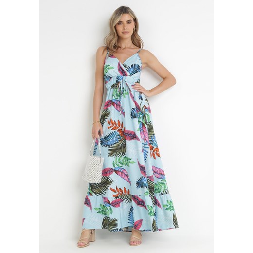 Jasnoniebieska Sukienka Maxi w Roślinny Wzór z Gumką w Pasie Karsina ze sklepu Born2be Odzież w kategorii Sukienki - zdjęcie 159226598