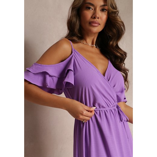 Fioletowa Sukienka Maxi Open Shoulder na Cienkich Ramiączkach z Gumką w Talii Renee M/L wyprzedaż Renee odzież