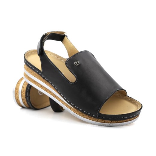 Skórzane sandały damskie na grubej podeszwie - HELIOS Komfort 107, czarne ze sklepu ulubioneobuwie w kategorii Sandały damskie - zdjęcie 159235956