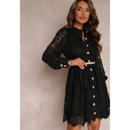 Czarna Koszulowa Sukienka Koronkowa z Paskiem Elvila ze sklepu Renee odzież w kategorii Sukienki - zdjęcie 159242106