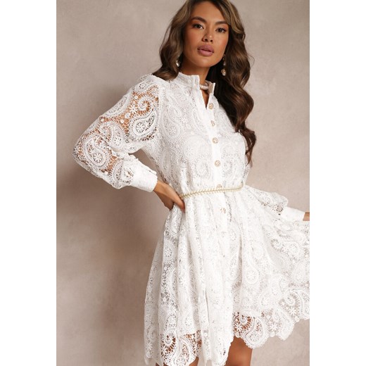Biała Koszulowa Sukienka Koronkowa z Paskiem Elvila ze sklepu Renee odzież w kategorii Sukienki - zdjęcie 159242116