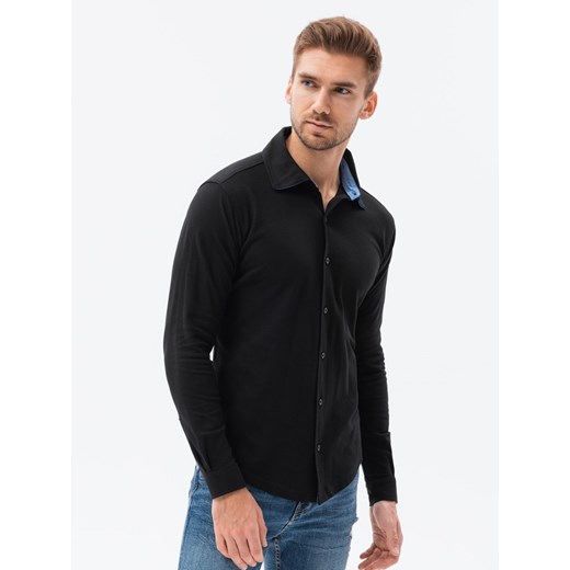 Koszula męska dzianinowa z długim rękawem - czarna V4 K540 ze sklepu ombre w kategorii Koszule męskie - zdjęcie 159246049