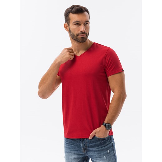 Klasyczna męska koszulka z dekoltem w serek BASIC - czerwony V14 S1369 S ombre