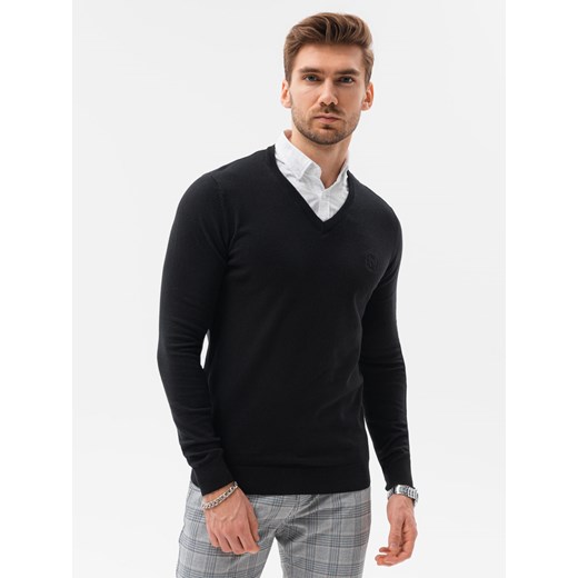 Sweter męski z białym kołnierzykiem - czarny V1 E120 ze sklepu ombre w kategorii Swetry męskie - zdjęcie 159246337
