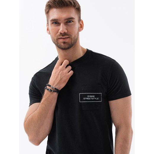 T-shirt męski bawełniany z nadrukiem na kieszonce - czarny V1 S1742 S ombre okazja