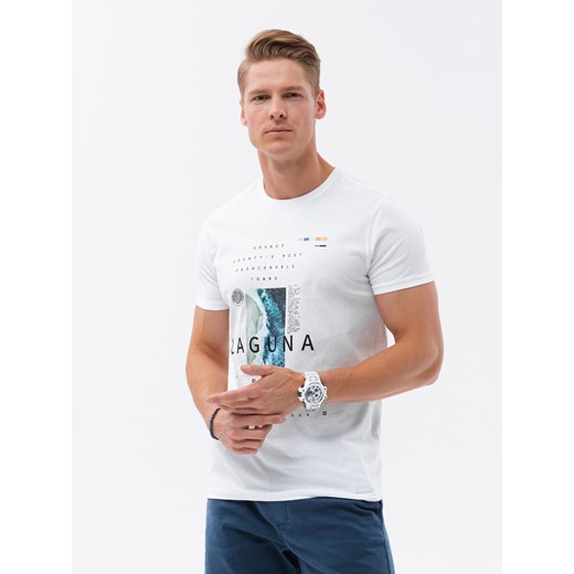 T-shirt męski bawełniany z nadrukiem - biały V1 S1737 S okazja ombre
