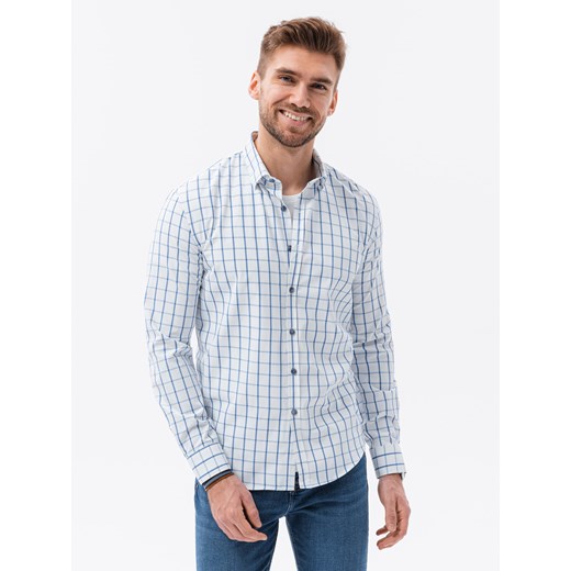 Bawełniana koszula męska w kratę REGULAR FIT - biało-niebieska V2 K637 S ombre
