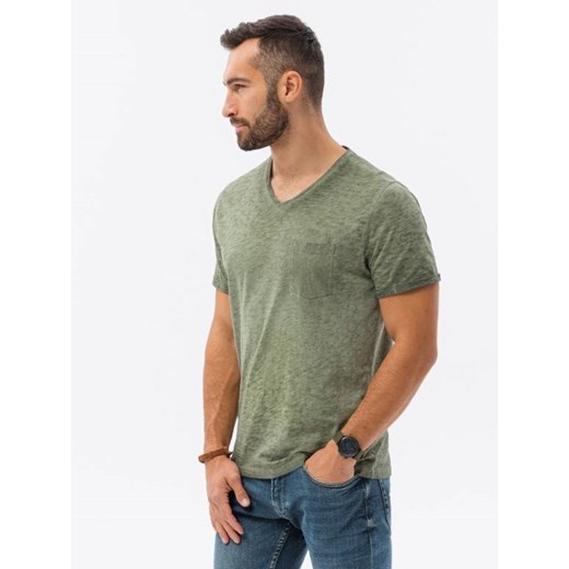 T-shirt męski z kieszonką - oliwkowy melanż V9 S1388 ze sklepu ombre w kategorii T-shirty męskie - zdjęcie 159250196