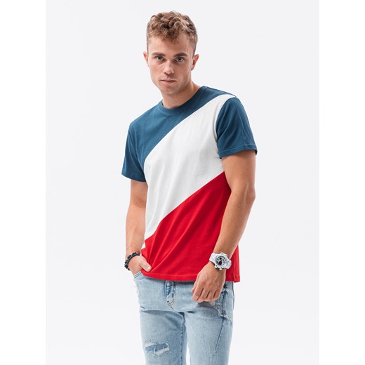 T-shirt męski bawełniany trzykolorowy - niebiesko/czerwony V6 S1627 ze sklepu ombre w kategorii T-shirty męskie - zdjęcie 159250227