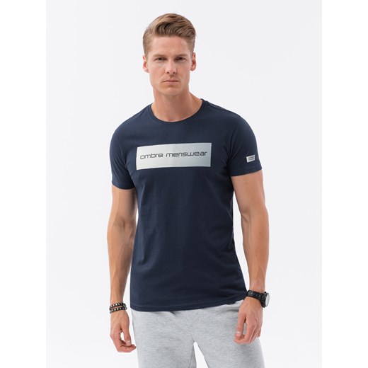T-shirt męski bawełniany z nadrukiem - granatowy V3 S1751 ze sklepu ombre w kategorii T-shirty męskie - zdjęcie 159250315
