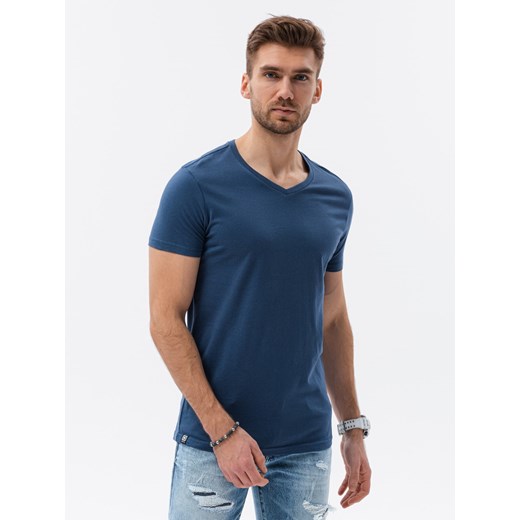 Klasyczna męska koszulka z dekoltem w serek BASIC - ciemnoniebieski V13 S1369 S ombre
