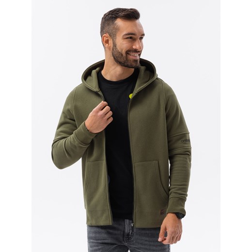 Bluza męska rozpinana hoodie z nadrukami - khaki V4 B1423 ze sklepu ombre w kategorii Bluzy męskie - zdjęcie 159250715