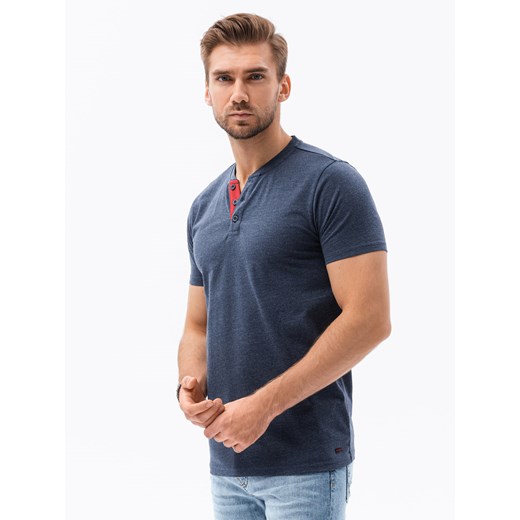 T-shirt męski bez nadruku z guzikami - granatowy V5 S1390 ze sklepu ombre w kategorii T-shirty męskie - zdjęcie 159251105