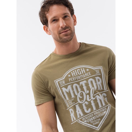 T-shirt męski bawełniany z nadrukiem - oliwkowy V2 S1735 S wyprzedaż ombre