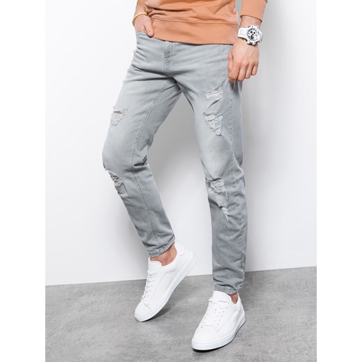 Spodnie męskie jeansowe z dziurami REGULAR FIT - szare V2 P1024 XL wyprzedaż ombre