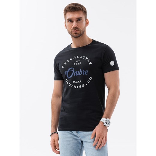 T-shirt męski bawełniany z nadrukiem - czarny V1 S1752 ze sklepu ombre w kategorii T-shirty męskie - zdjęcie 159252539