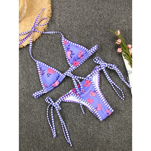 Dwuczęściowy strój kąpielowy bikini wiązany w kwiaty - Fioletowy / S ze sklepu Lovita.pl w kategorii Stroje kąpielowe - zdjęcie 159259478