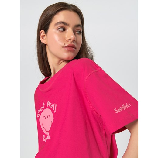 Bluzka damska Sinsay z napisem różowa z okrągłym dekoltem 
