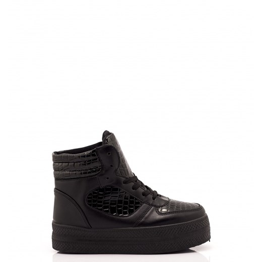 Czarne Trampki Black Leather Sneakers High born2be-pl czarny na platformie