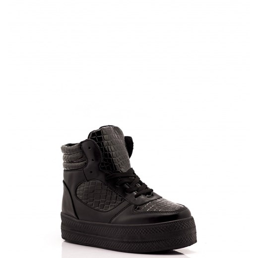 Czarne Trampki Black Leather Sneakers High born2be-pl czarny skóra