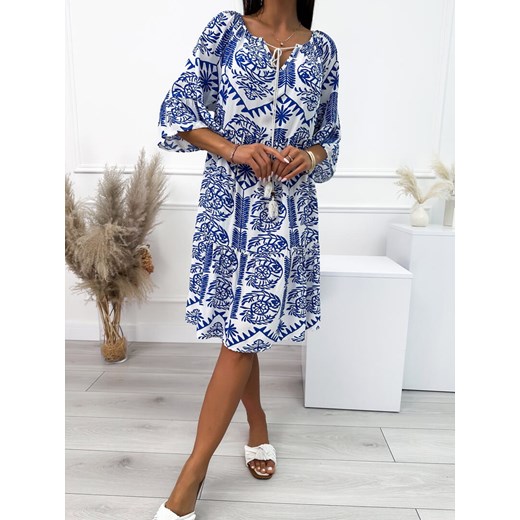 Biało-Kobaltowa Wzorzysta Sukienka Modnakiecka.pl 44 ModnaKiecka.pl