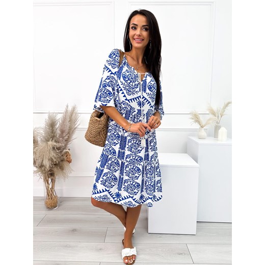 Biało-Kobaltowa Wzorzysta Sukienka Modnakiecka.pl 46 ModnaKiecka.pl