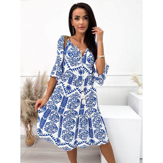 Biało-Kobaltowa Wzorzysta Sukienka Modnakiecka.pl 36 ModnaKiecka.pl