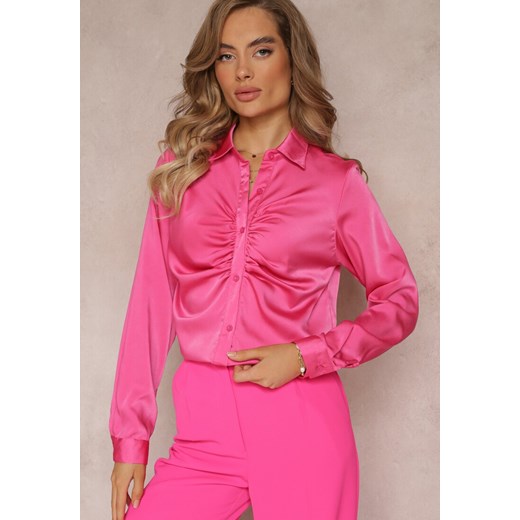 Różowa Marszczona Elegancka Koszula z Satyny Kaldei ze sklepu Renee odzież w kategorii Koszule damskie - zdjęcie 159331919