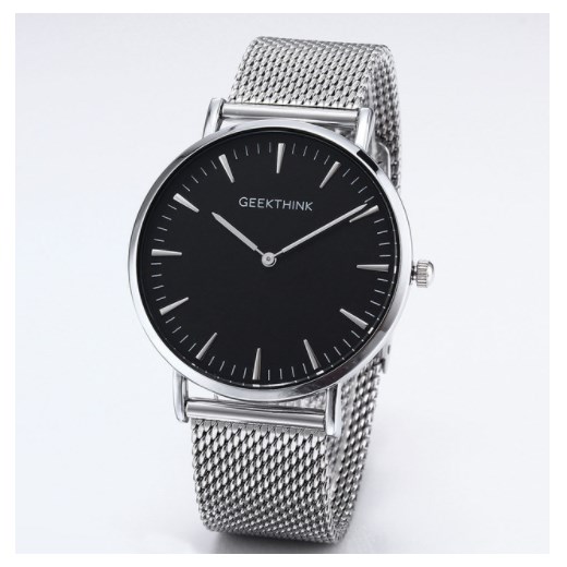 Zegarek premium GeekThink na srebrnej bransolecie - czarna tarcza Geekthink okazja niwatch.pl