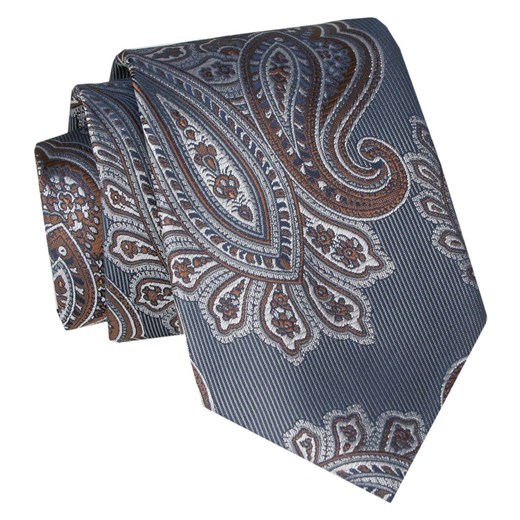 Klasyczny, Szeroki Krawat Męski CHATTIER - Stalowy w Duży Wzór KRCH1368 ze sklepu JegoSzafa.pl w kategorii Krawaty - zdjęcie 160042796