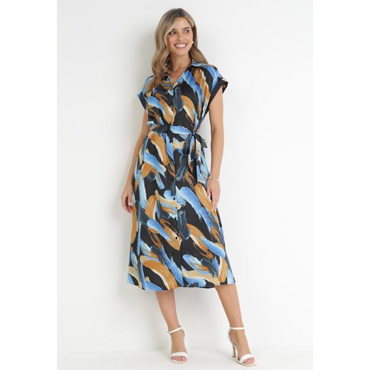 Czarno-Niebieska Koszulowa Sukienka Midi z Materiałowym Paskiem i Krótkimi Rękawami Brala ze sklepu Born2be Odzież w kategorii Sukienki - zdjęcie 160042899