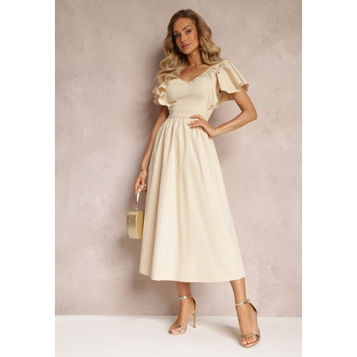 Beżowa Taliowana Sukienka Maxi z Falbanami Giftis ze sklepu Renee odzież w kategorii Sukienki - zdjęcie 160045959