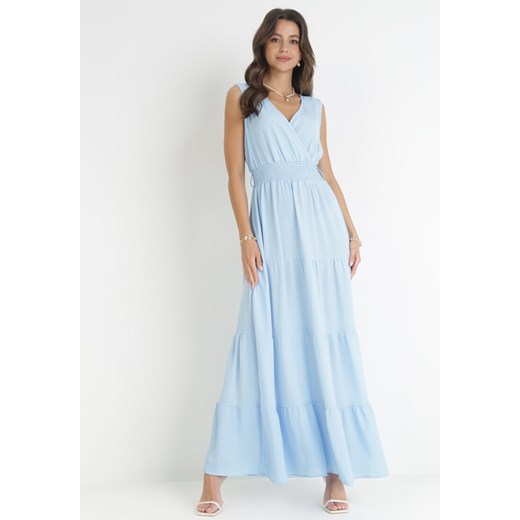 Niebieska Sukienka Maxi z Kopertowym Dekoltem i Gumką w Pasie Eiliana M/L promocja Born2be Odzież
