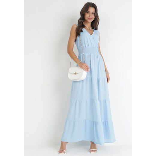 Niebieska Sukienka Maxi z Kopertowym Dekoltem i Gumką w Pasie Eiliana M/L wyprzedaż Born2be Odzież
