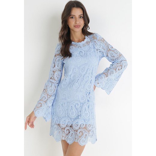 Niebieska Koronkowa Sukienka Mini z Długimi Rękawami i Kokardkami Temona ze sklepu Born2be Odzież w kategorii Sukienki - zdjęcie 160077626