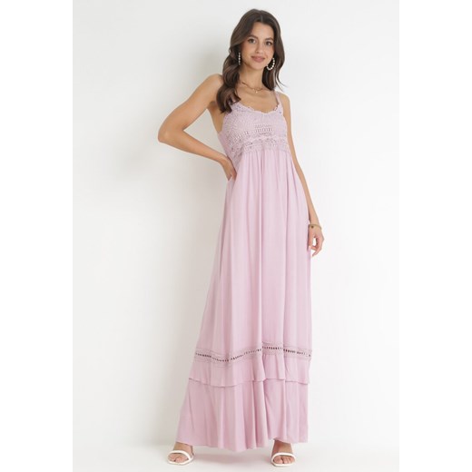 Różowa Sukienka Maxi na Cienkich Ramiączkach z Falbankami i Koronką Vealani ze sklepu Born2be Odzież w kategorii Sukienki - zdjęcie 160077766