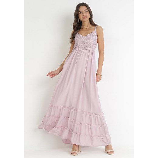 Różowa Sukienka Maxi na Ramiączkach z Koronkowymi Wstawkami i Falbankami Lemera ze sklepu Born2be Odzież w kategorii Sukienki - zdjęcie 160077786