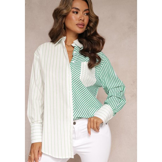 Zielono-Biała Koszula Oversize w Paski Issele ze sklepu Renee odzież w kategorii Koszule damskie - zdjęcie 160077966