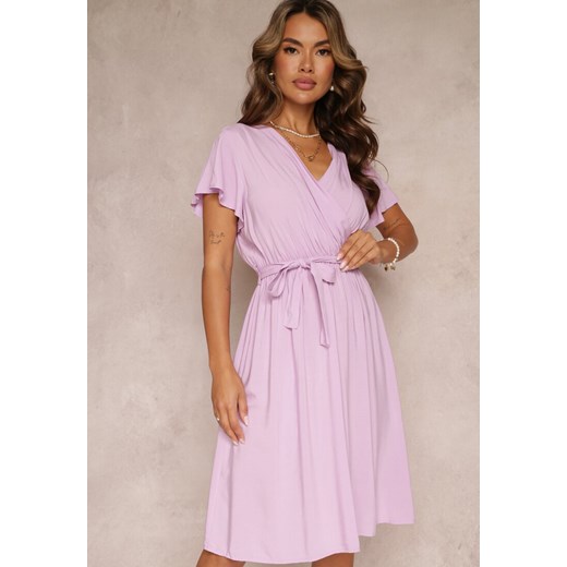 Fioletowa Rozkloszowana Sukienka Midi z Wiązanym Paskiem Elemia ze sklepu Renee odzież w kategorii Sukienki - zdjęcie 160078026