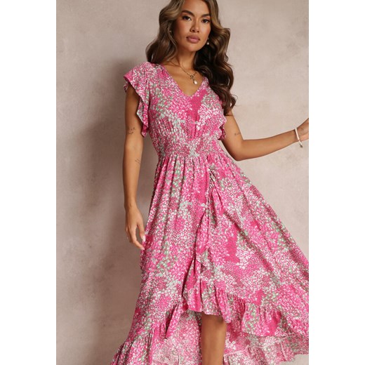 Fuksjowa Sukienka z Falbankami Gumką w Talii z Wiskozy Leth ze sklepu Renee odzież w kategorii Sukienki - zdjęcie 160078059