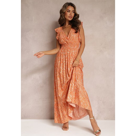 Pomarańczowa Sukienka Maxi z Metaliczną Aplikacją Wykonana z Wiskozy Akella ze sklepu Renee odzież w kategorii Sukienki - zdjęcie 160081766