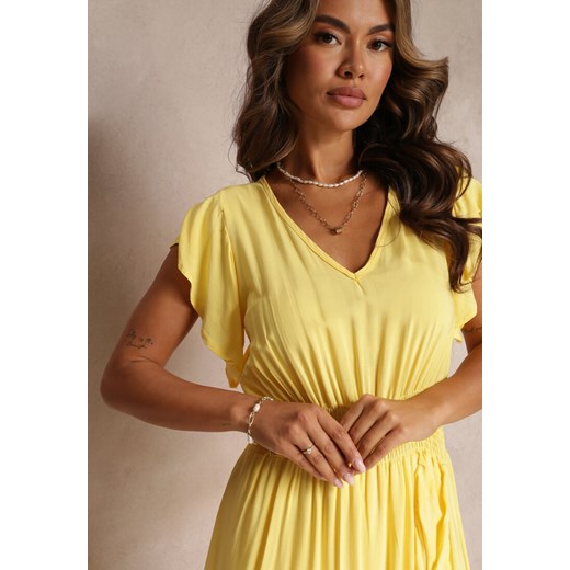 Żółta Kopertowa Sukienka z Wiskozy Ozdobiona Falbanką Carnovie Renee M okazyjna cena Renee odzież