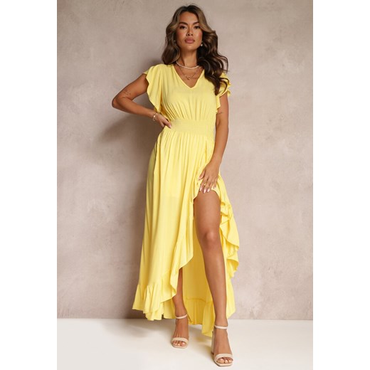 Żółta Kopertowa Sukienka z Wiskozy Ozdobiona Falbanką Carnovie ze sklepu Renee odzież w kategorii Sukienki - zdjęcie 160081846